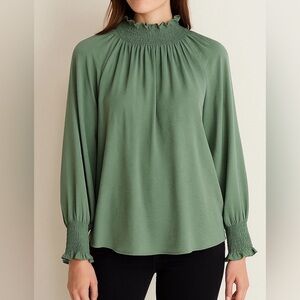 Nine West long-sleeve smocked blouse in a light green or sage color